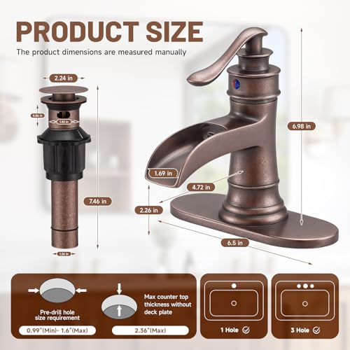 Bathroom Sink Faucet Waterfall Bath Faucets with Pop Up Drain Stopper | Antique Copper,Single Handle Single Hole, Commercial Rustic Farmhouse Vanity Sink,with Supply Lines Hose By Bathfinesse - color: Copper