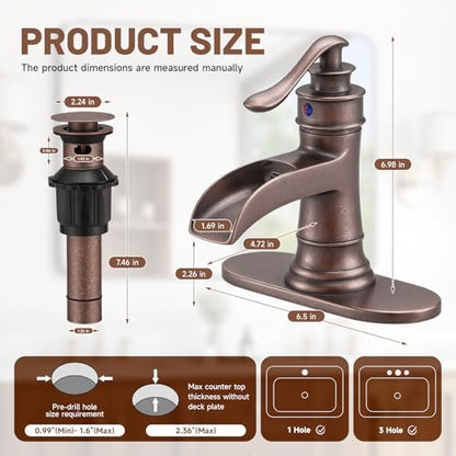 Bathroom Sink Faucet Waterfall Bath Faucets with Pop Up Drain Stopper | Antique Copper,Single Handle Single Hole, Commercial Rustic Farmhouse Vanity Sink,with Supply Lines Hose By Bathfinesse - color: Copper