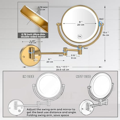 Wall Mounted Lighted Makeup Mirror with Magnification 5X, Rechargeable Bathroom Magnifying Shaving Cosmetic Mirror with Extension Swing Arm, Touch Stepless Dimming, Brushed Moderne Brass - color: Brushed Moderne Brass