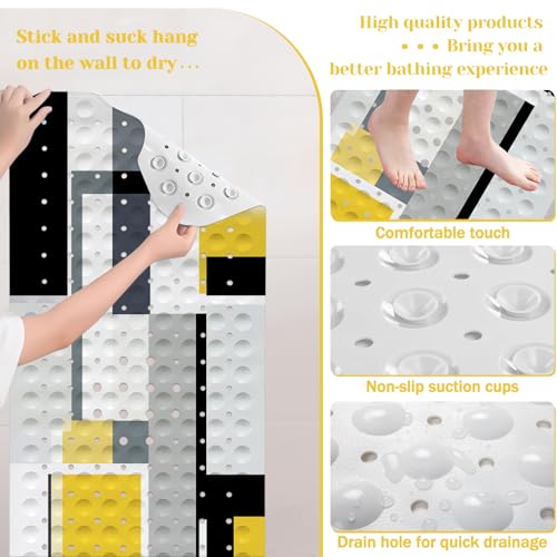 Yellow Black Bath Tub Mat Non Slip, Modern Geometric Large Washable Shower Mats with Drain Holes and Suction Cups,40 X 16 Inch - color: Yellow Black