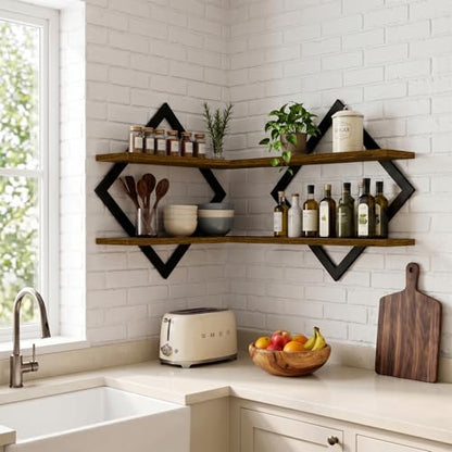 Floating Shelves for Wall, Set of 2 Wall Shelves, 2-Tier Hanging Shelve | Wood & Metal Wall Mounted Display Shelves, Decorative Wall Shelves for Living Room, Bedroom, Kitchen & Bathroom, Rustic Brown - size: 2-Pack