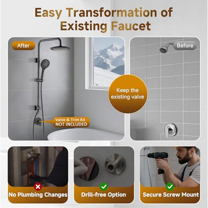 BRIGHT SHOWERS Rain Shower Heads System - 9 Inch Rainfall Shower Head and Handheld Shower Head with Height Adjustable Holder, Solid Brass Rail and 60" Long Stainless Steel Hose, Oil-Rubbed Bronze - color: Oil Rubbed Bronze, size: 2.5 Gallon Per Minute