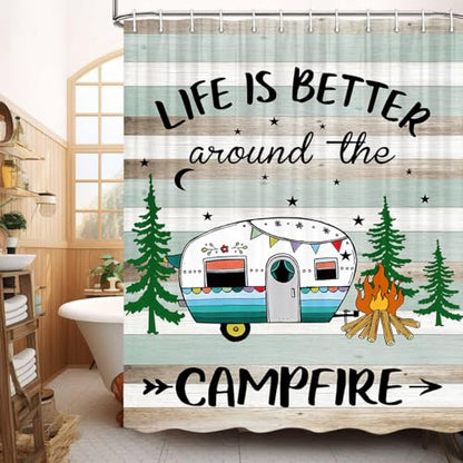 JAWO RV Happy Camper Shower Curtain for Travel Trailer, Farmhouse Style - 60" W x 70" H, Rustic Teal - Hooks Included - color: Brown, size: 60"W x 70"L (Pack of 1)
