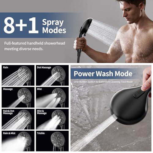 High Pressure Dual Shower Head with Handheld Spray Combo | 9 Spray Modes Handheld Showerhead, Double Rainfall Structure, Waterfall Shower Equipped with 79-Inch Hose, Matte Black - color: Matte Black