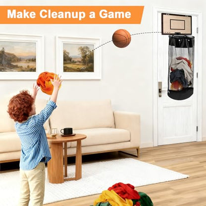 Over the Door Basketball Laundry Basket, 2-in-1 Wooden Basketball Hoop Laundry Hamper, Space Saving Hanging Organizer for Kids, Dirty Clothes Storage with Zipper for Kids Room, Dorm, Bedroom, Bathroom