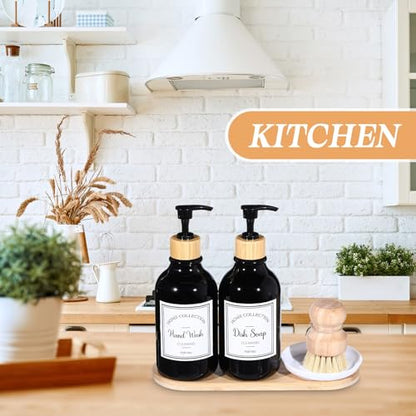 Zopeal 4 Pcs 16 oz Kitchen Soap Dispenser Set with Bamboo Tray and Dish Brush Plastic Soap Dispenser Set with Waterproof Labels for Hand Dish Lotion(Black) - color: Black