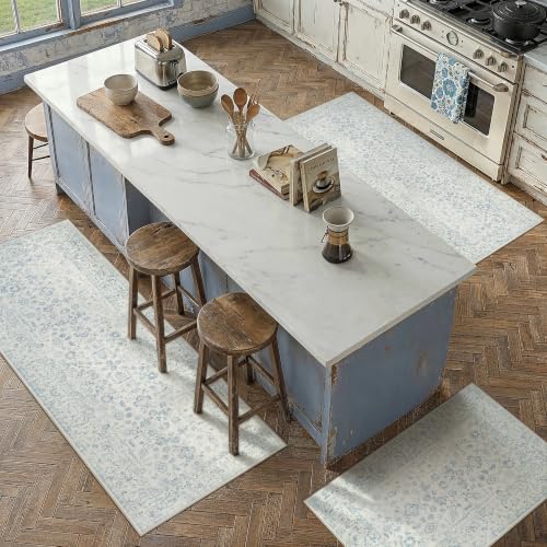 2'x3'+2'x4'+2'x5' Blue 2-Piece Kitchen Rug Set with Runner | Floral, Soft, Kitchen, Hallway, Entryway - color: Blue, size: 2' x 5' (Rug Set)