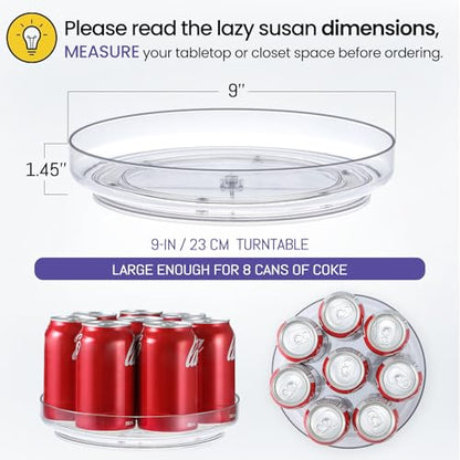 2 Pack 9 Inch Elegant Clear Turntable Acrylic Lazy Susan, Non-Skid Rotating | Smoothly Kitchen Spice Rack, Cabinet Pantry Organization Storage, Refrigerator, Vanity Makeup, Bathroom Countertop Organizer - size: 9inch - 2 Pack