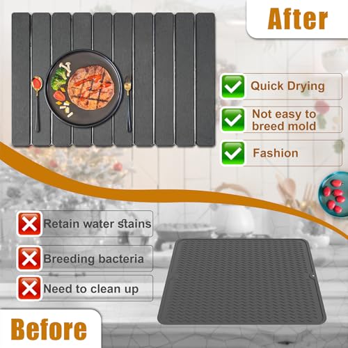 Large Stone Dish Drying Mat for Kitchen Counter, 24"×16" Quick Dry Collapsible Diatomaceous Earth Mat – Super Absorbent Foldable Drying Pad for Dishes (Dark Gray, 23.2" x 15.4") - color: Dark Gray