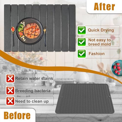 Large Stone Dish Drying Mat for Kitchen Counter, 24"×16" Quick Dry Collapsible Diatomaceous Earth Mat – Super Absorbent Foldable Drying Pad for Dishes (Dark Gray, 23.2" x 15.4") - color: Dark Gray
