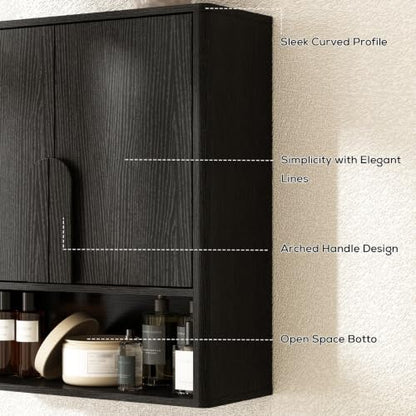 RUSTOWN Wall Mounted Bathroom Cabinets with Rounded Edges & Curved Handles | Adjustable Shelf, 3-Tier Over The Toilet Storage Cabinets, Modern Medicine Cabinet for Laundry Kitchen Living Room - color: Rustic Black