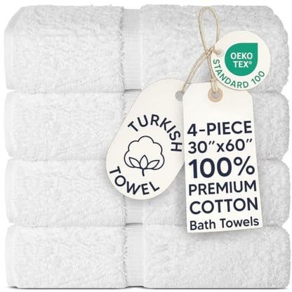 Chakir Turkish Linens 100% Cotton Premium Turkish Towels for Bathroom | 30'' x 60'' Large Bath Towels (4 Piece, White) - color: White
