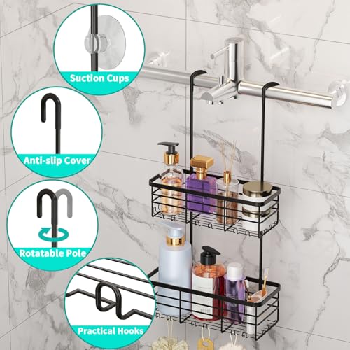 HapiRm Hanging Shower Caddy Organizer - No Drilling Shower Organizer with Hooks, Rustproof & Waterproof 304 Stainless Steel Bathroom Shelves - Black - color: Black