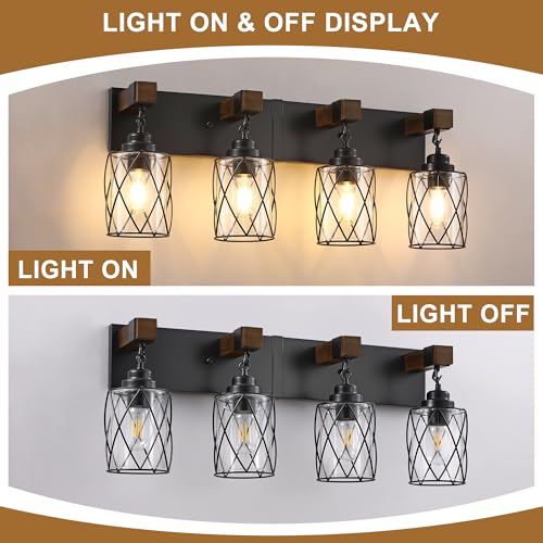 Bathroom Light Fixtures, Farmhouse Black Metal with Glass Shade | 4 Light Rustic Vanity Lights, Wood Accent Wire Cage Design, Mounts Over Mirror, Ideal for Bedroom & Hallway,Easy to Install - size: 4-Light