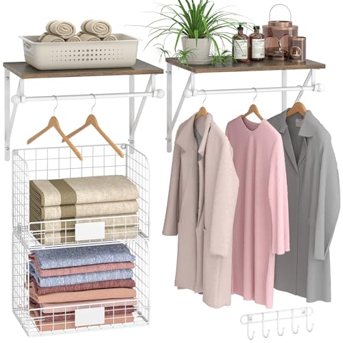 DAOUTIME 2 Set Laundry Room Wall Mounted Shelves With Wire Storage Baskets, Over Washer and Dryer With Hanging Rods and Hooks, for Organization and Storage, White, Wooden - color: White