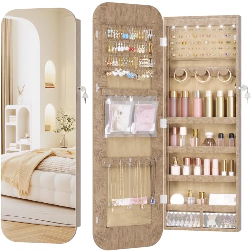 LVSOMT 6 LEDs Mirror Jewelry Cabinet Door Hanging, 42.5", Lockable, Brown | Jewelry Organizer with Full Length Mirror, Wall Mounted Large Jewelry Storage for Earrings, Rings, Necklaces - color: Brown-1
