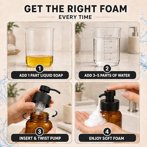 Amber Glass Foaming Soap Dispenser, 2 Pack, 8.5 Oz, Refillable | Foaming Hand Soap Dispenser; Pump Bottles, Non-Slip Bottom, 6 Moisture-Resistant Labels; for Bathroom & Kitchen Counter Decor