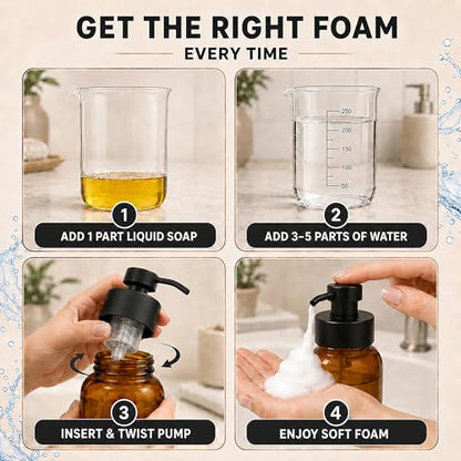 Amber Glass Foaming Soap Dispenser, 2 Pack, 8.5 Oz, Refillable | Foaming Hand Soap Dispenser; Pump Bottles, Non-Slip Bottom, 6 Moisture-Resistant Labels; for Bathroom & Kitchen Counter Decor