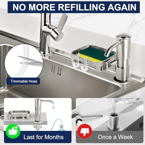 Soap Dispenser for Kitchen Sink, Built in Sink Soap Dispenser Pump with Sponge Holder, Brushed Nickel ABS Sink Dish Soap Dispensers Under Counter, with 39" Extension Tube Kit,No Refill Needed - color: Brushed Nickel
