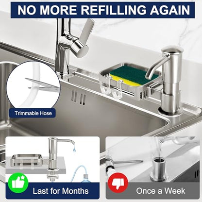 Soap Dispenser for Kitchen Sink, Built in Sink Soap Dispenser Pump with Sponge Holder, Brushed Nickel ABS Sink Dish Soap Dispensers Under Counter, with 39" Extension Tube Kit,No Refill Needed - color: Brushed Nickel