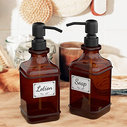 GLADPURE Soap Dispenser 2 Pack, Hand Soap Dispensers with 18 Oz Antique Design Thick Amber Glass Bottle, 316 Rust Proof Stainless Steel Black Pump, 6Pcs Stickers, for Lotion, Soap, Essential Oil - color: Brushed-black