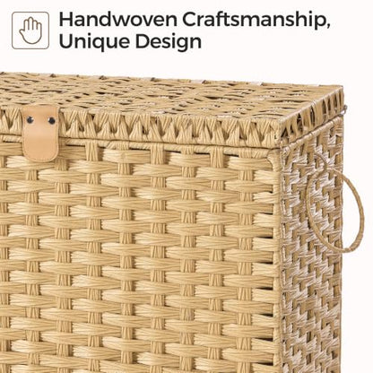 130L Wicker Laundry Hamper with Lid, 3-Section Laundry Basket | 3 Removable Liner Bags; 4 Included Mesh Laundry Bags; Handwoven PP Wicker; Reinforced Steel Frame - color: Natural