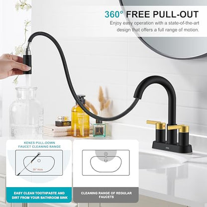 Black and Gold Centerset Pull Down Bathroom Faucet 4 Inch 2 Handle | Pull Out Bathroom Faucet with Pop Up Drain & Supply Lines, Lead-Free cUPC & NSF Certified, 3 Hole Faucet for Vanity RV Bar - color: Black & Gold