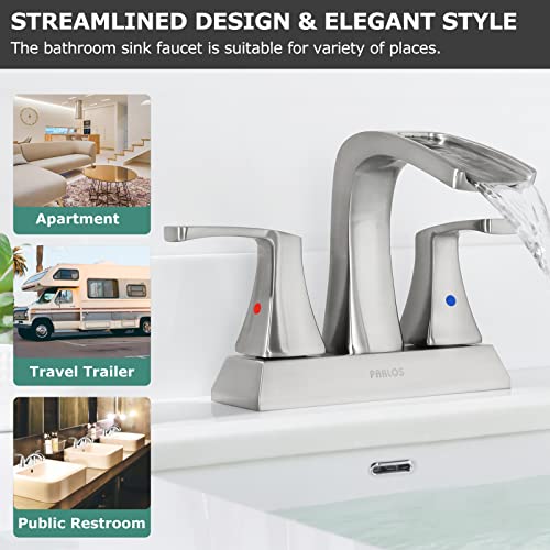 Waterfall Bathroom Sink Faucet 2 Handle Centerset, Brushed Nickel | 4 Inch Lead-Free Deck Mount Vanity Faucet with Pop Up Drain Supply Lines, for 3 Hole Lavatory Utility Sink - color: Brushed Nickel