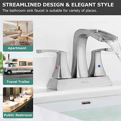 Waterfall Bathroom Sink Faucet 2 Handle Centerset, Brushed Nickel | 4 Inch Lead-Free Deck Mount Vanity Faucet with Pop Up Drain Supply Lines, for 3 Hole Lavatory Utility Sink - color: Brushed Nickel