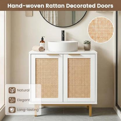 24-inch Pedestal Sink Storage Cabinet, Under Sink Cabinet (White) | U-Shaped Cut-Out | 2 Rattan Doors & Shelf | Solid Metal Legs - color: White