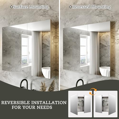 30 x 24 in Medicine Cabinet with Mirror and Side Panels, Silver | Surface or Recessed Medicine Cabinet Mirror with Storage, Adjustable Shelves, Aluminum Alloy Frame, Assembly Required - size: 30''x24''