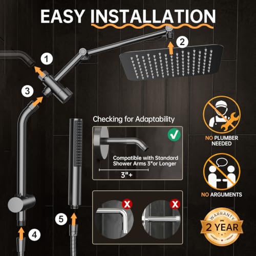 Veken All Metal 10" Luxurious Gray Rain Shower Heads with Handheld Spray | Dual High Pressure Shower Head,Square Detachable Rainfall Showerhead with Extension Arm,Regaderas Para Shower,Ducha Para Baño - color: Premium Grey, size: 10 Inch
