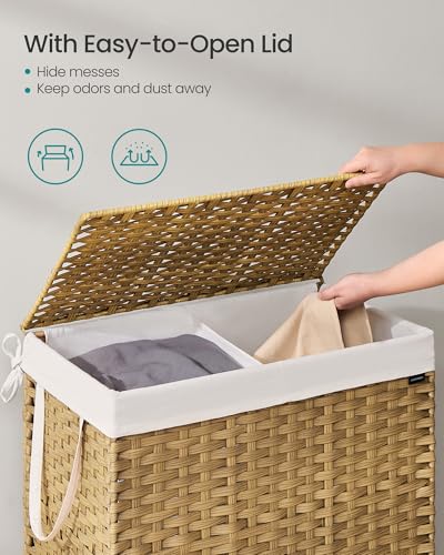 SONGMICS Laundry Hamper with Lid, 42.3 Gallon (160 L) Synthetic Rattan Clothes Laundry Basket with Lid and Handles, Foldable, Removable Liner, Goose Yellow ULCB216Y01 - color: Goose Yellow, size: 160 L
