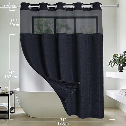 Conbo Mio Extra Long No Hook Waffle Weave Shower Curtain with Snap in Liner Set, Hotel Luxury Black Shower Curtains for Bathroom with See Through Top Window, Waterproof, Washable 71W x 84H - color: Waffle-black, size: 71"W x 84"L (Pack of 1)