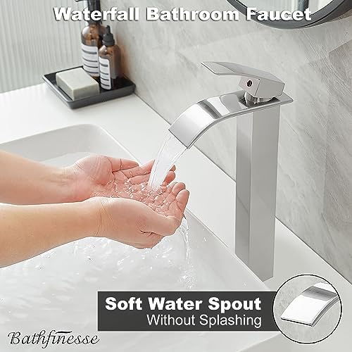 Waterfall Bathroom Faucet Brushed Nickel Stainless Steel Vessel Sink Faucet | Single Handle One Hole Deck Mount,Bowl Vanity Sink Faucet,with Pop-up Drain Stopper and Supply Hose,Lead-Free by Bathfinesse - color: Brushed Nickel