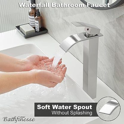 Waterfall Bathroom Faucet Brushed Nickel Stainless Steel Vessel Sink Faucet | Single Handle One Hole Deck Mount,Bowl Vanity Sink Faucet,with Pop-up Drain Stopper and Supply Hose,Lead-Free by Bathfinesse - color: Brushed Nickel