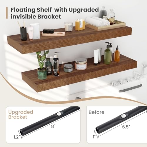 Heimlove 12 Inch Deep Floating Shelves, 16 x 12 inches Wall Shelves Set of 2,2 Inch Thick Invisible Wall Mounted Shelves for Bathroom Bedroom Nursery,Black - color: Walnut, size: 16"W x 12"D x 2"H, Set of 2