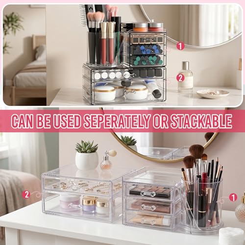 ShineMe Acrylic Makeup Organizers, 2 Tier Stackable Cosmetic Organizer for Vanity with 360° Rotating Makeup Brush Holder & 5 Drawers, Clear Hair Accessory Organizer Countertop for Dresser, Bathroom - size: 2tires, 5 drawers
