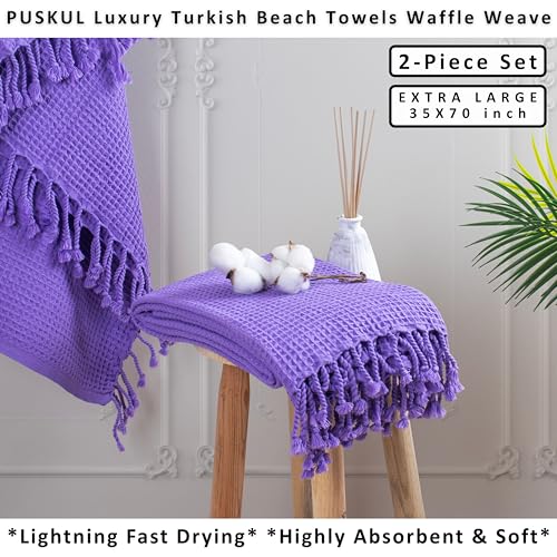 PÜSKÜL 2-Piece Luxury Natural 100% Turkish Cotton Beach Towels Waffle Weave | Purple, Oversize 35x70" Bath Sheet Towel Lightweight Soft Absorbent Quick-Dry Sand-Free Peshtemal Oeko-Tex Made in Turkey - color: Purple