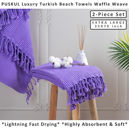 PÜSKÜL 2-Piece Luxury Natural 100% Turkish Cotton Beach Towels Waffle Weave | Purple, Oversize 35x70" Bath Sheet Towel Lightweight Soft Absorbent Quick-Dry Sand-Free Peshtemal Oeko-Tex Made in Turkey - color: Purple