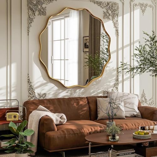 Gold Scalloped Large Circle Mirror, 42" Wavy Edge Round Wall Mirror | Tempered Glass Circular Metal Deep Frame, Hanging Leaning for Bathroom, Hallway, Entryway, Livng Room - color: Gold, size: 42"L x 42"W