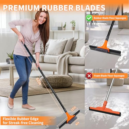 Floor Squeegee for Concrete Floor,Heavy Duty Shower Garage Floor Squeegee Broom with Scrubber Brush and 62" Long Handle for Bathroom Tile,Garage, Deck,Pool,Outdoor Floors,16 Inch,Orange