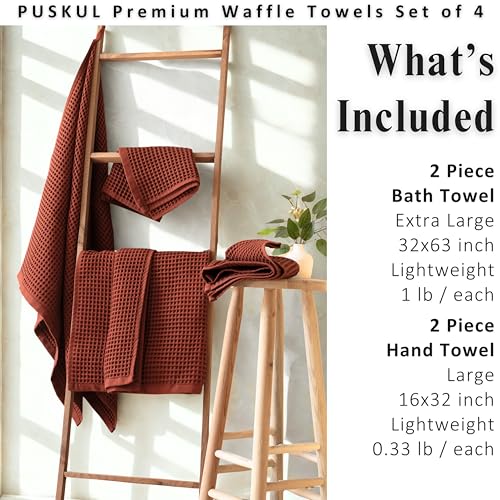 PÜSKÜL Natural 100% Turkish Cotton Waffle Towels Set of 4-Piece, Brick-Red | 2-Bath sheet (Extra-large 32x63") and 2-Hand towel (Large 32x16"). Premium honeycomb-waffle weave, oeko-tex made in Turkiye. - color: Brick
