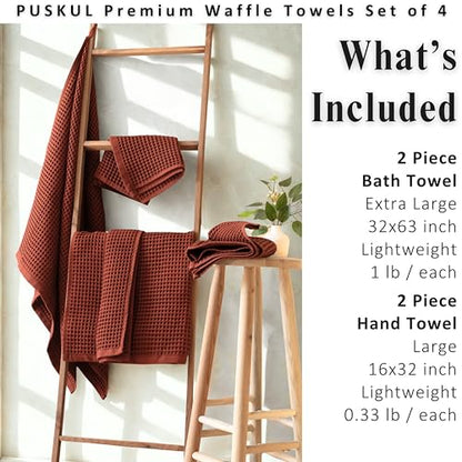 PÜSKÜL Natural 100% Turkish Cotton Waffle Towels Set of 4-Piece, Brick-Red | 2-Bath sheet (Extra-large 32x63") and 2-Hand towel (Large 32x16"). Premium honeycomb-waffle weave, oeko-tex made in Turkiye. - color: Brick