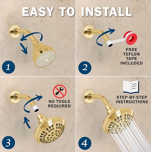 6 Function Luxury Shower Head - 2.5 GPM - Polished Brass | High Pressure Boosting, Adjustable, Wall Mount, Bathroom Showerhead With Anti-Clog Nozzles, Best For Low Flow Showers - color: Polished Brass, size: 2.5 GPM