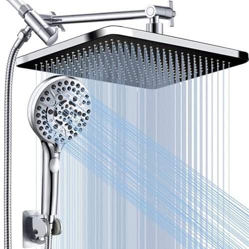 Rainfall Shower Head with Handheld, 14 Inch Rain Shower Head Combo,High Pressure Fixed Showerhead and 10 Spray Settings Handheld Shower Heads,Bathroom Accessories,Chrome - style: Basic