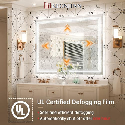 Keonjinn 48 x 36 Inch LED Bathroom Mirror with Lights, Frontlit and Backlit | HD Tempered Glass, Separately Frontlit/Backlit, Double Light Strips, Stepless 3 Colors Temperature & Dimmable, Fast Defogging - size: 36"L x 48"W