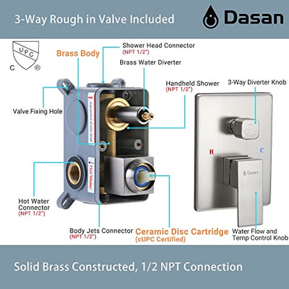 Full Body Rain Shower System with 4 Body Shower Jets & 12" Wall Mount Rainfall Shower Head & Handheld, DASAN Multi Shower Head System Brushed Nickel Rain Shower Faucets sets Combo with Rough-in Valve - color: Brushed Nickel