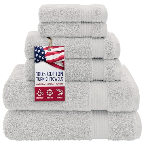 American Veteran Towel, 100% Cotton Turkish 6 Piece Towel Set, Luxury Towels Set of 6 for Bathroom Essentials, 2 Bath Towels 2 Hand Towels 2 Washcloths, Silver Grey - color: Silver Grey, size: XL 6PC