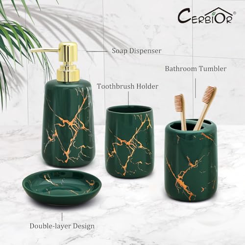 CERBIOR Bathroom Accessories Set,4 Pcs Ceramic Bathroom Accessory,Green | Includes Toothbrush Holder, Toothbrush Cup, Soap Dish for Decorative Countertop and Housewarming Gift - style: Dark Green